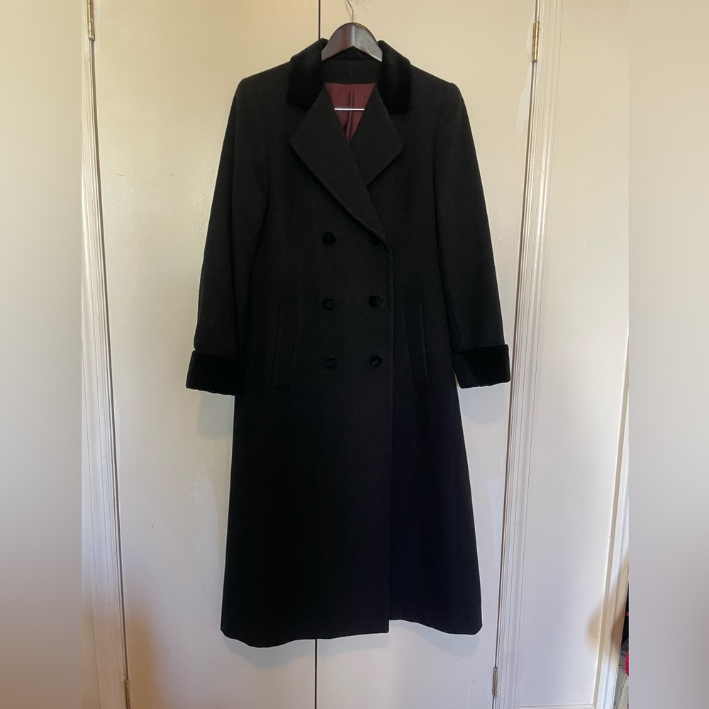 Tailored Black/ dark gray/ charcoal wool coat -velvet colar, buttons and cuffs
